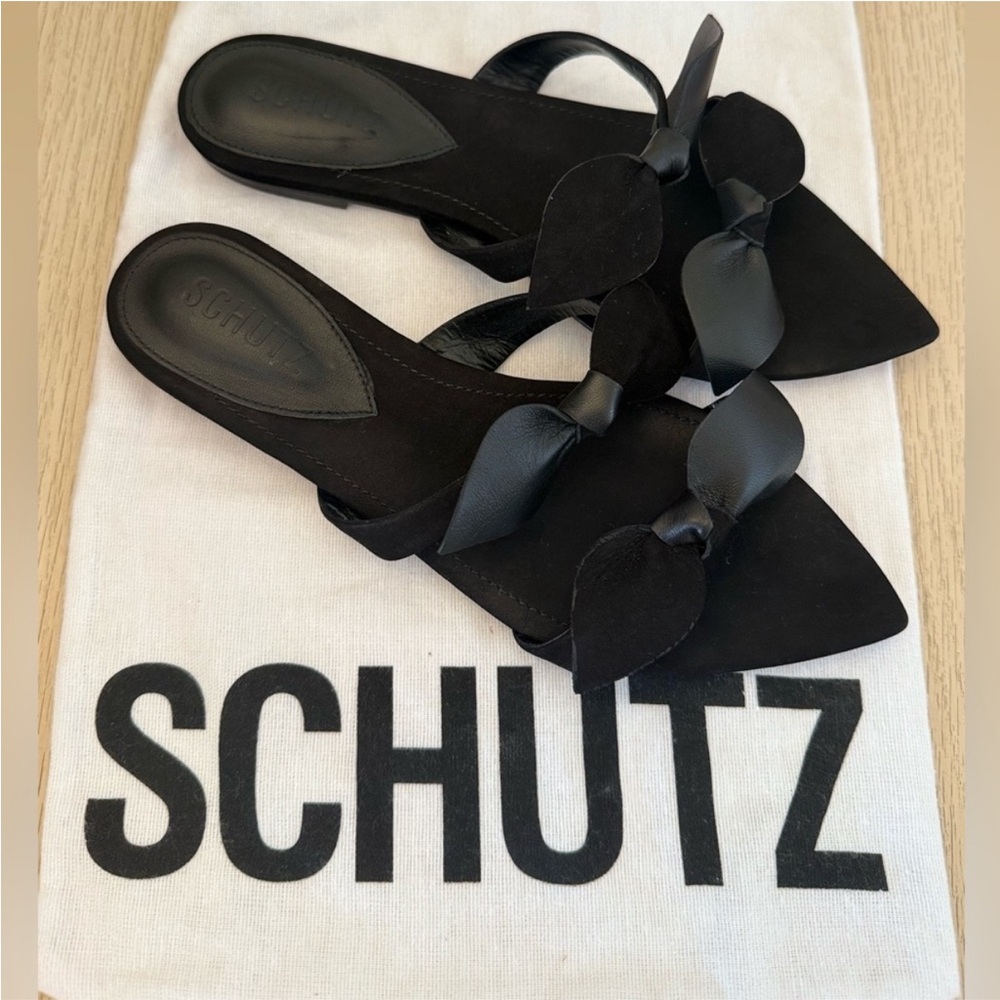 SCHUTZ Black Leather & Suede Bow Slide Sandals
